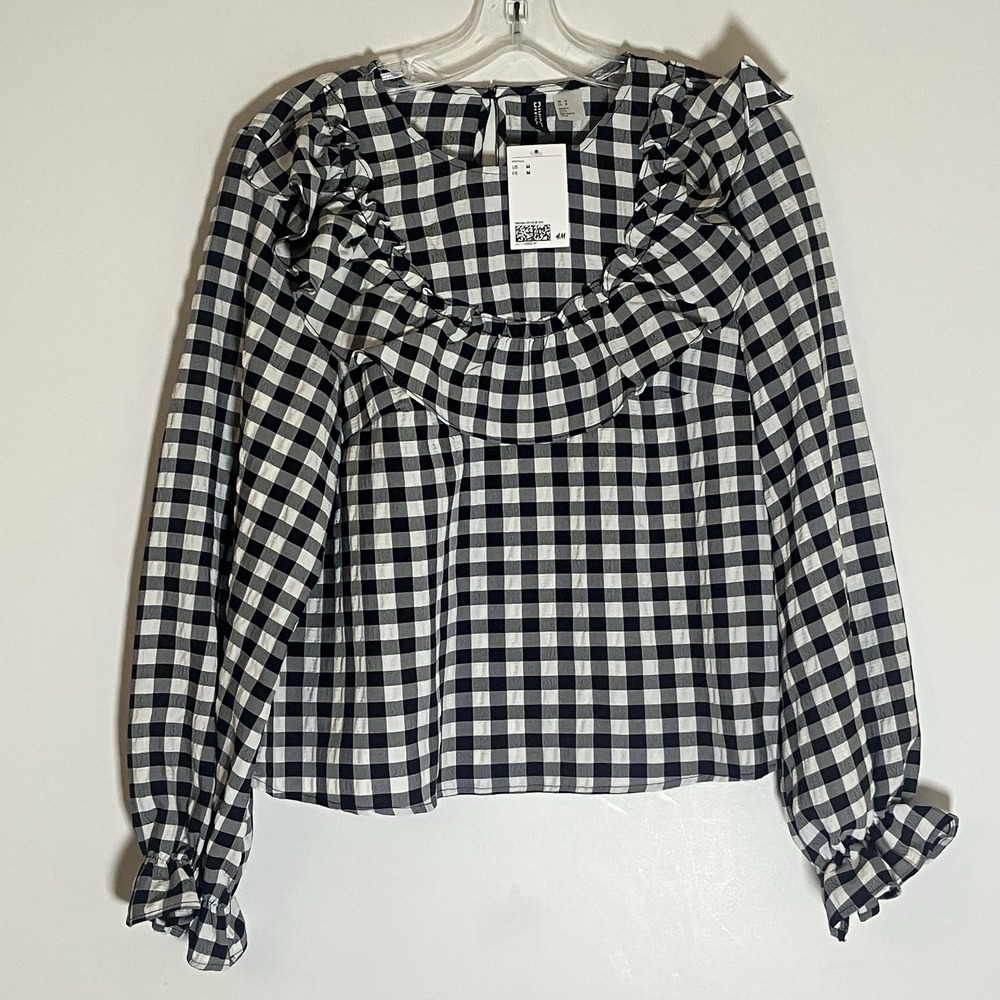 H&M DIVIDED Top Womens Medium Black White Gingham Ruffle Crop Blouse Cottage M